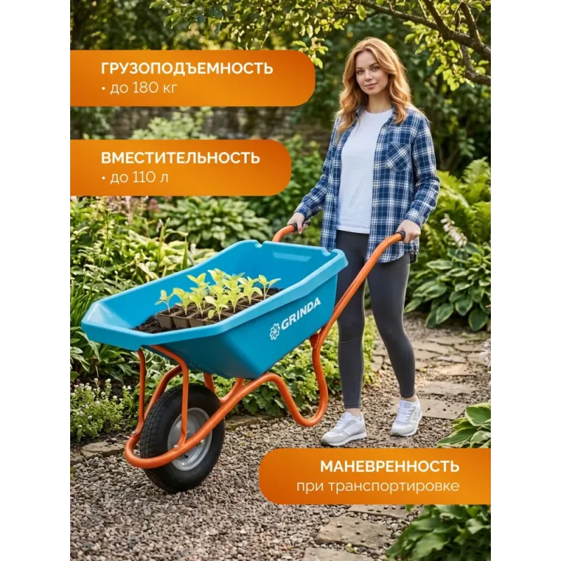GRINDA GP-21, ударопрочный пластиковый кузов, 110 л, 180 кг, одноколесная, пневматическое колесо, тачка садовая PROLine (422408)