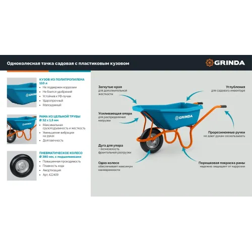 GRINDA GP-21, ударопрочный пластиковый кузов, 110 л, 180 кг, одноколесная, пневматическое колесо, тачка садовая PROLine (422408)