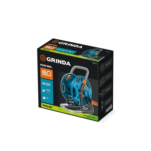 GRINDA HR-45, для шлангов 45м x 1/2″ и 20м х 3/4″, стальные опоры, пластиковый барабан, катушка для шлангов, ProLine (428450)