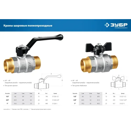 ЗУБР d 3/4″, ручка ″бабочка″, ″папа-папа″, полнопроходной шаровой кран (51327-3/4)