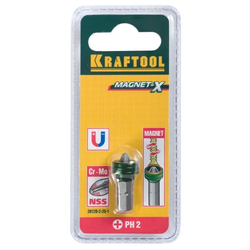 KRAFTOOL Magnet-X PH2, 25 мм, 1 шт, бита с магнитным держателем-ограничителем (26128-2-25-1)