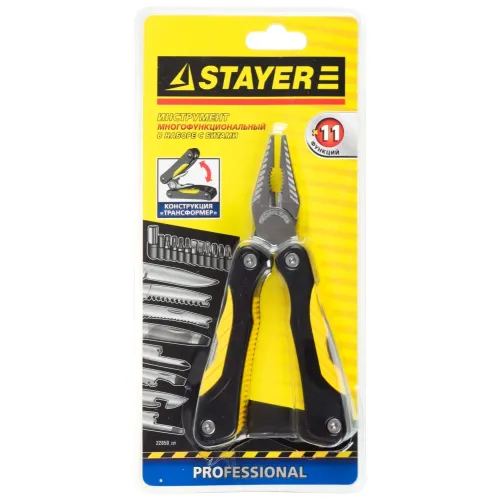 STAYER PROFESSIONAL, мультитул, 11 в 1, облегчённая модель, с набором бит, нейлоновый чехол, 98мм (22850)