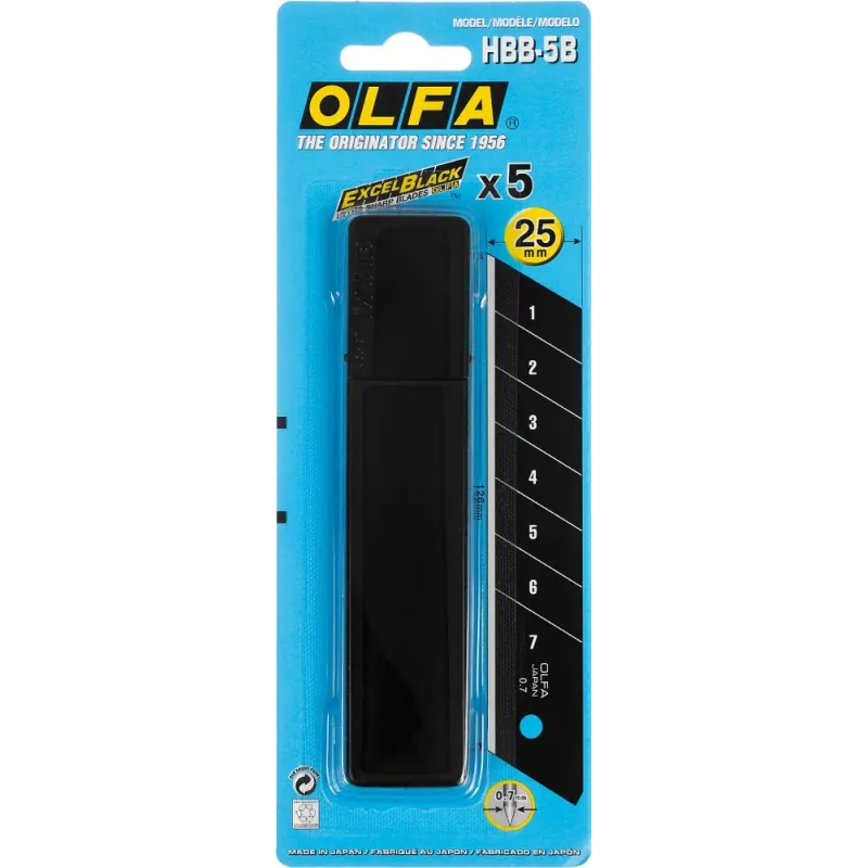 OLFA 25 мм, 5 шт, в пластиковом кейсе + блистер, черные сегментированные лезвия, особо острые, EXCEL BLACK (OL-HBB-5B)