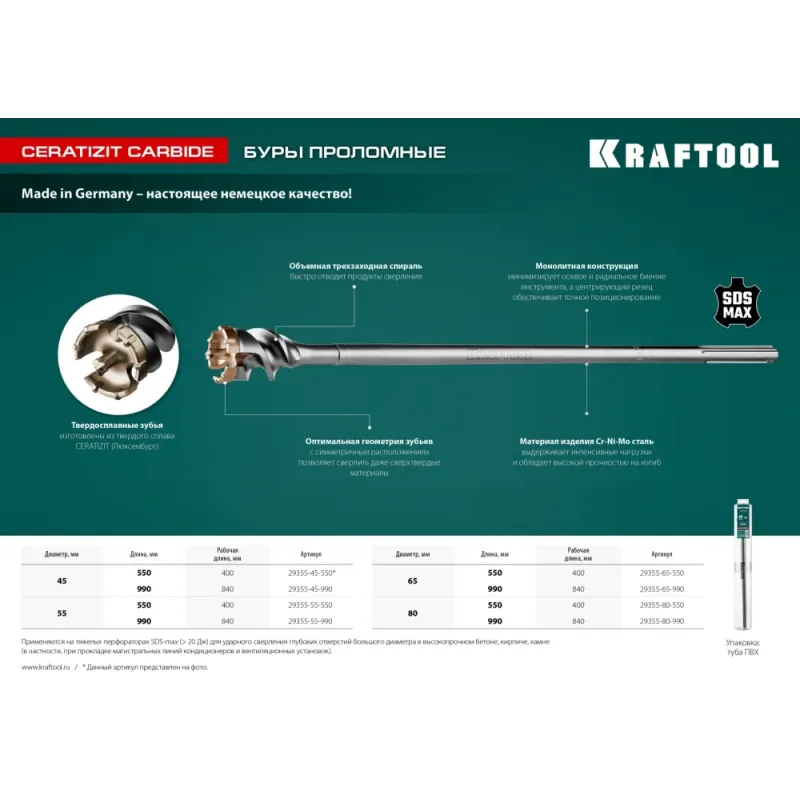 KRAFTOOL d 65 х 890/990 мм, SDS-max проломной бур (29355-65-990)