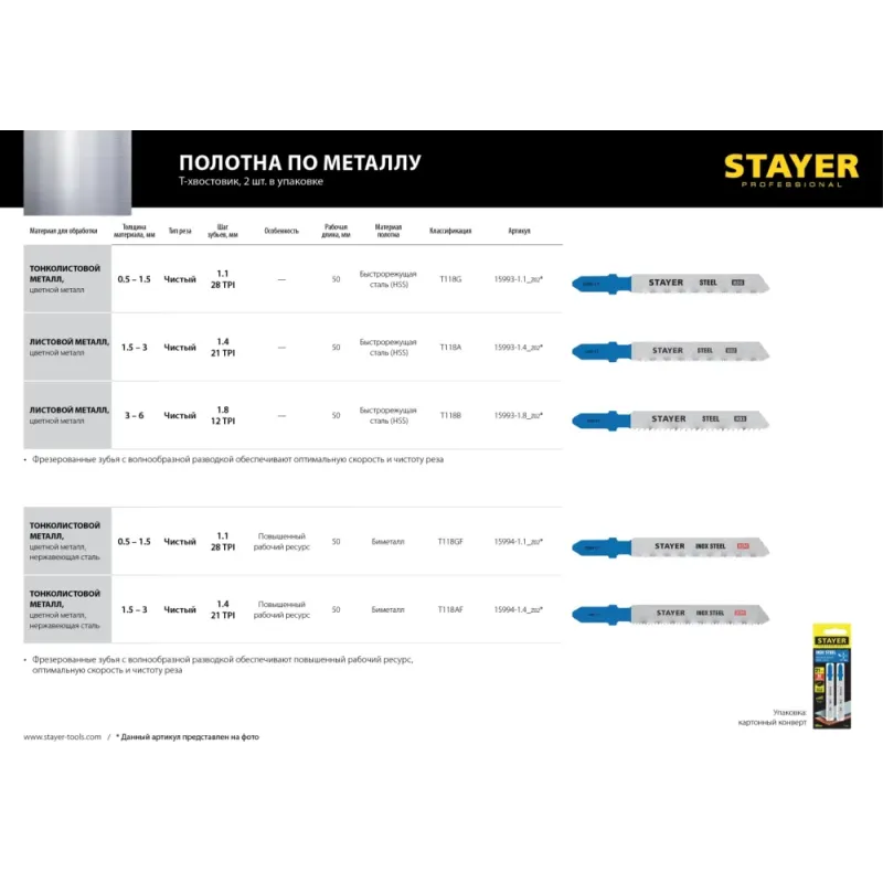 STAYER T118AF, T-хвост., Bi-Metal, по металлу толщиной 1.5-3 мм, шаг зуба 1.4 мм, раб. длина 50 мм, 2 шт, полотна для лобзика (15994-1.4)
