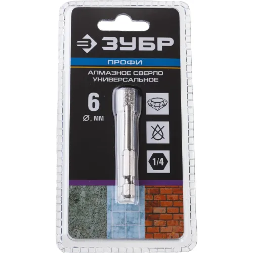 ЗУБР АВК, d 6 мм, (HEX 1/4″, 15 мм кромка), вакуумное алмазное трубчатое сверло, Профессионал (29865-06)