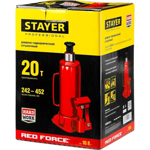 STAYER RED FORCE, 20 т, 242 - 452 мм, бутылочный гидравлический домкрат, Professional (43160-20)