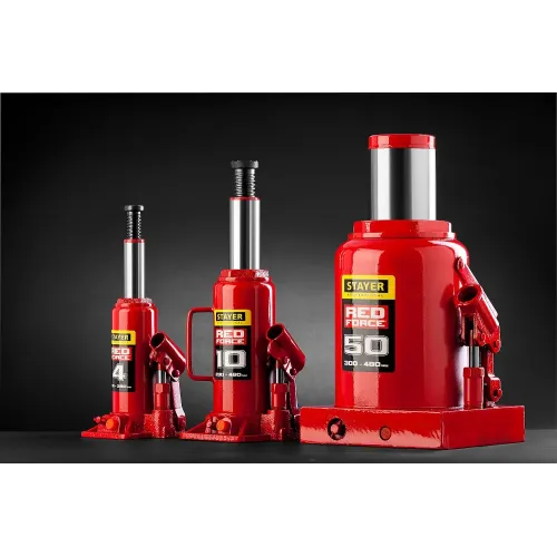 STAYER RED FORCE, 50 т, 300 - 480 мм, бутылочный гидравлический домкрат, Professional (43160-50)