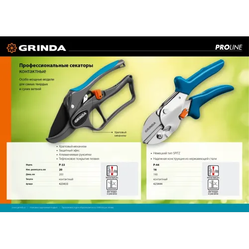 GRINDA P-33, 200 мм, закаленная сталь, с храповым механизмом, алюминиевые рукоятки с эфесом, контактный секатор, PROLine (423433)