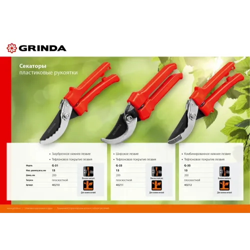 GRINDA G-31, 200 мм, закаленные лезвия, тефлоновое покрытие, зубцы на лезвии, пластиковые рукоятки, плоскостной секатор (40210)