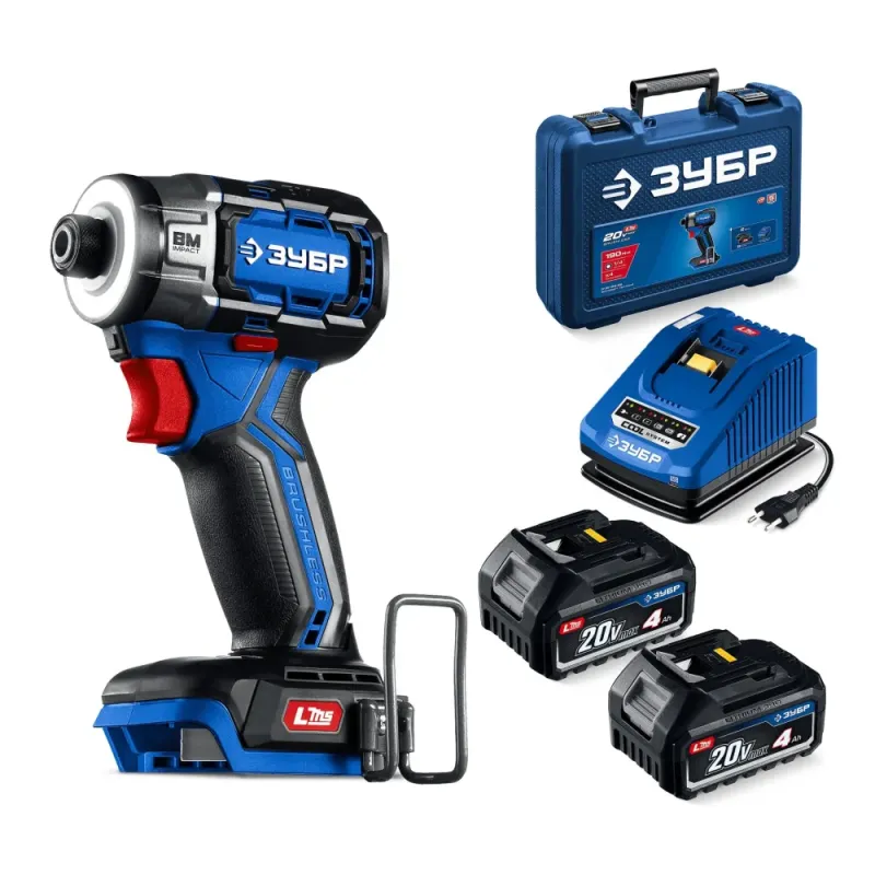 ЗУБР 20 В, 190 Н·м, 2 АКБ LMS (4 А·ч), бесщеточный ударный винтоверт, кейс, ПРОФЕССИОНАЛ (GVB-190-42)