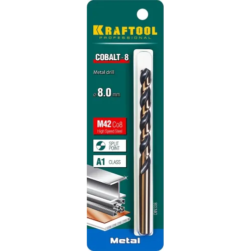KRAFTOOL COBALT-8, 8.0 х 117 мм, сталь М42, HSS-Co(8%), сверло по металлу (29656-8)