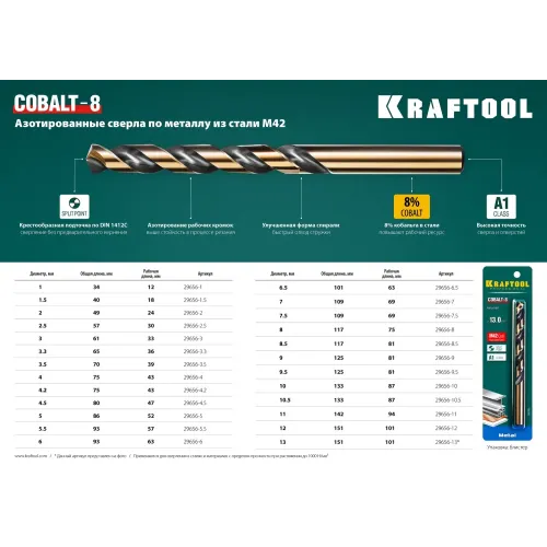 KRAFTOOL COBALT-8, 8.0 х 117 мм, сталь М42, HSS-Co(8%), сверло по металлу (29656-8)