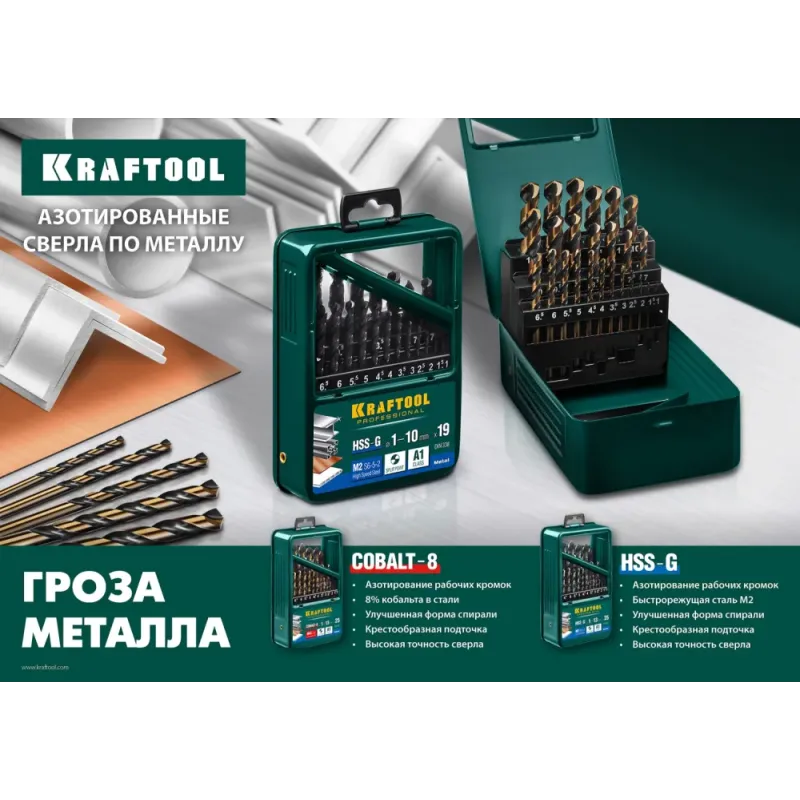 KRAFTOOL COBALT-8, 9.5 х 125 мм, сталь М42, HSS-Co(8%), сверло по металлу (29656-9.5)
