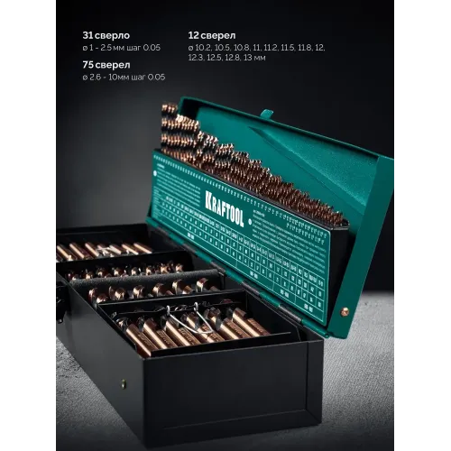 KRAFTOOL Cobalt, 118 шт, (1-13 мм), сталь М42, HSS-Co(8%), набор сверл по металлу (29656-H118)