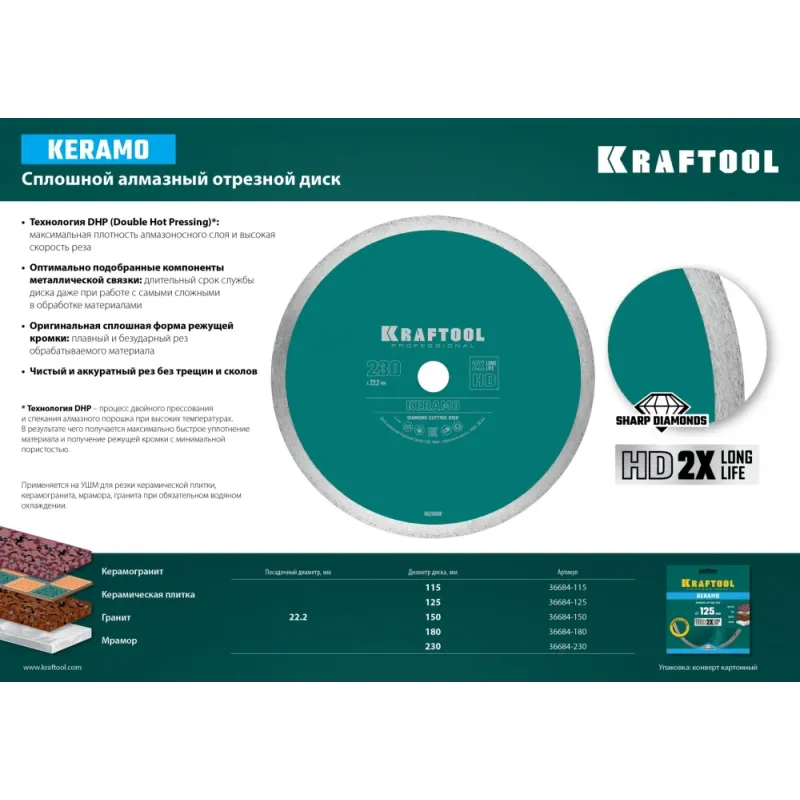KRAFTOOL KERAMO, 230 мм, (22.2 мм, 10 х 2.2 мм), сплошной алмазный диск (36684-230)