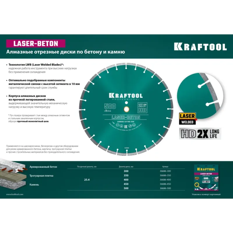 KRAFTOOL LASER-BETON 300 мм (25.4/20 мм, 10х3.2 мм ), алмазный диск (36686-300)