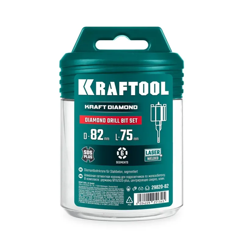 KRAFTOOL DIAMOND d 82 мм (сухое сверление с микроударом, глубина сверления 75 мм, лазерная сварка), Алмазная Коронка для подрозетников (29820-82)