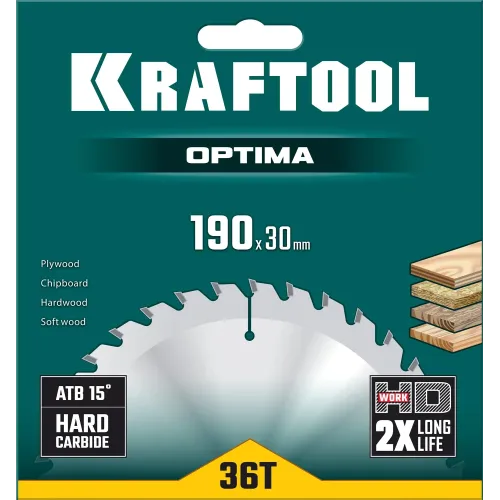 KRAFTOOL Optima, 190 х 30 мм, 36Т, пильный диск по дереву (36951-190-30)