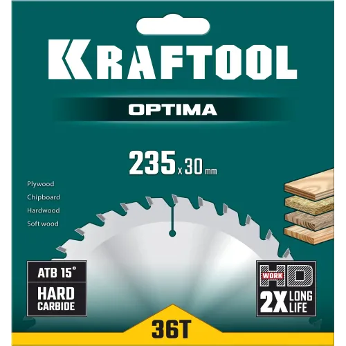 KRAFTOOL Optima, 235 х 30 мм, 36Т, пильный диск по дереву (36951-235-30)