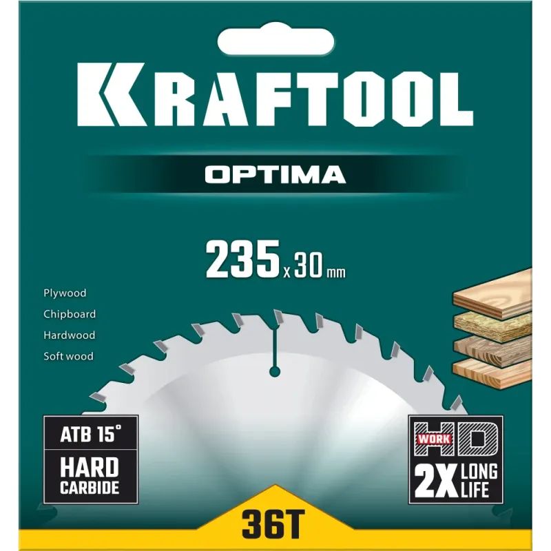 KRAFTOOL Optima, 235 х 30 мм, 36Т, пильный диск по дереву (36951-235-30)