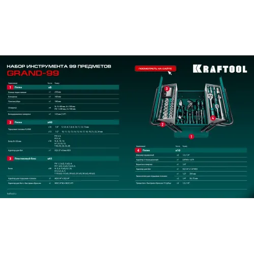 KRAFTOOL GRAND-99, 99 предм., (1/2″+1/4″), Универсальный набор инструмента (27978-H99)