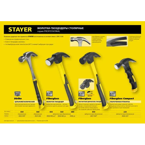 STAYER Strike, 450 г, цельнометаллический столярный молоток-гвоздодёр, Professional (2025-450)