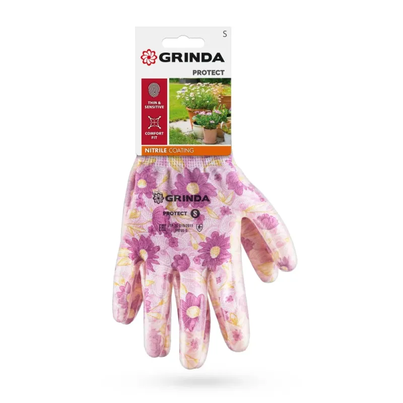 GRINDA PROTECT, S (7), садовые перчатки с прозрачным нитриловым покрытием, фиолетовые, 13 класс (11295-S)