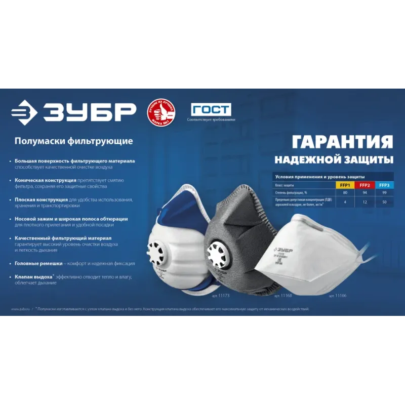 ЗУБР ФГ-80 коническая, с угольным слоем, класс защиты FFP1, с клапаном выдоха, фильтрующая полумаска (11168)
