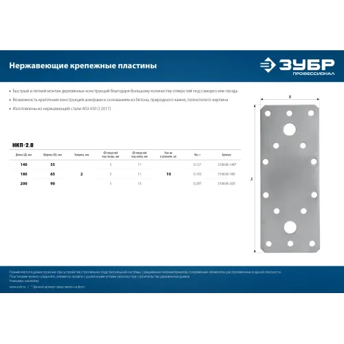 ЗУБР НКП-2.0, 200 x 90 x 2 мм, нержавеющая крепежная пластина, Профессионал (310636-200)