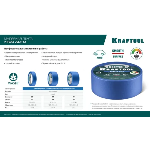 KRAFTOOL #700 Auto 38 мм х 50 м, для авторемонтных работ, малярная лента (12107-38)