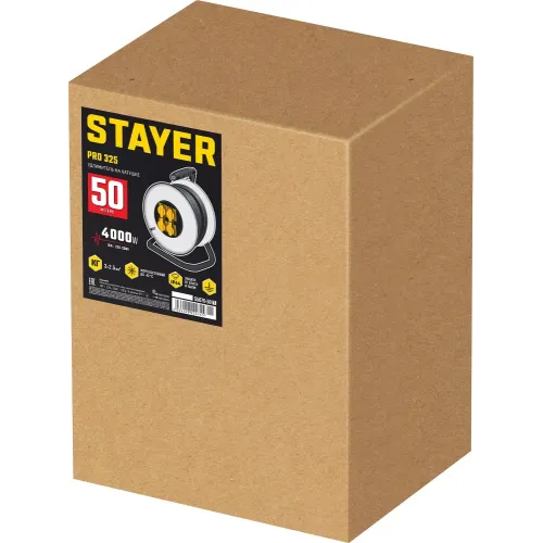 STAYER PRO-325, КГ, 3 х 2.5 мм2, 50 м, 4000 Вт, IP44, силовой удлинитель на стальной катушке (55076-50)