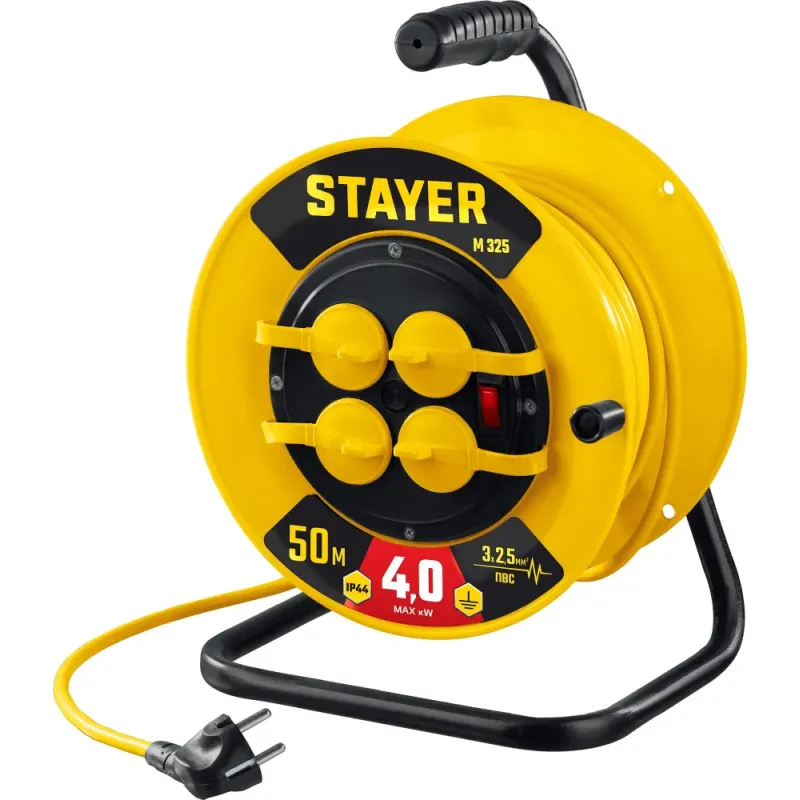 STAYER М-325, ПВС, 3 х 2.5 мм2, 50 м, 4000 Вт, IP44, силовой удлинитель на катушке (55064-50)