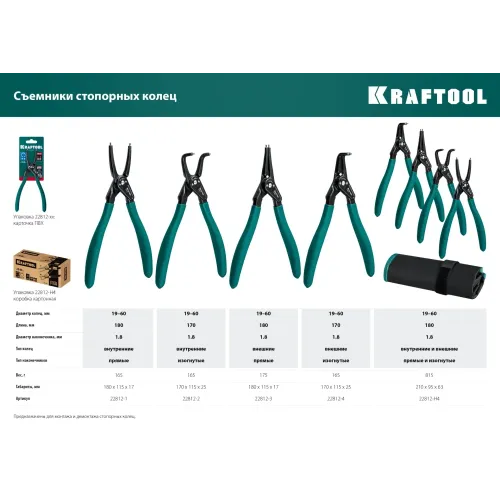 KRAFTOOL 180 мм, прямые губки, внутренний, Ссъемник стопорных колец (22812-1)