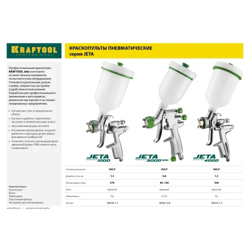 KRAFTOOL JETA 1000, HVLP, 1.3 мм, пневматический краскопульт с верхним бачком (06559-1.3)