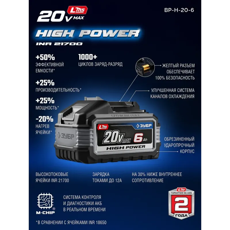 ЗУБР High Power, 20 В, 6.0 А·ч, аккумулятор LMS, ПРОФЕССИОНАЛ (BP-H-20-6)
