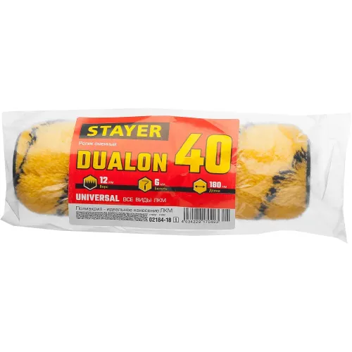 STAYER DUALON, 40 х 180 мм, бюгель 6 мм, ворс 12 мм, полиакрил, все виды ЛКМ, малярный ролик (02184-18)
