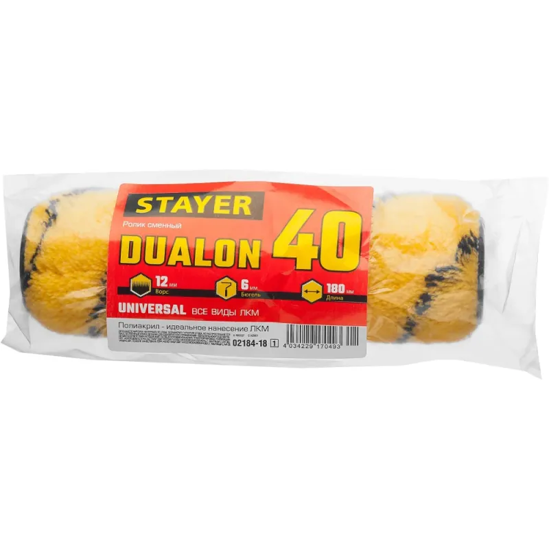STAYER DUALON, 40 х 180 мм, бюгель 6 мм, ворс 12 мм, полиакрил, все виды ЛКМ, малярный ролик (02184-18)