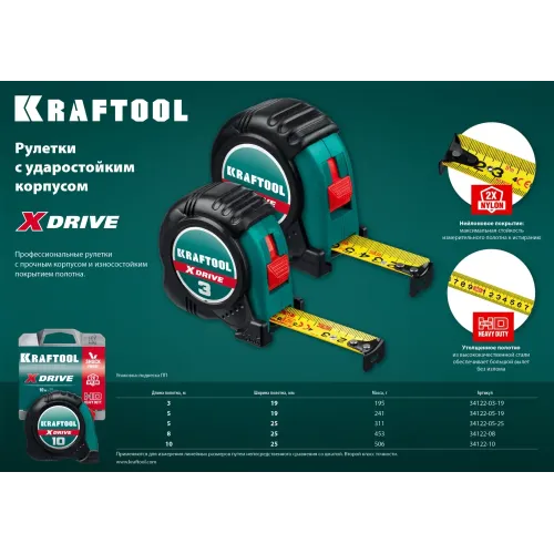 KRAFTOOL X-Drive, 10 м х 25 мм, рулетка (34122-10)
