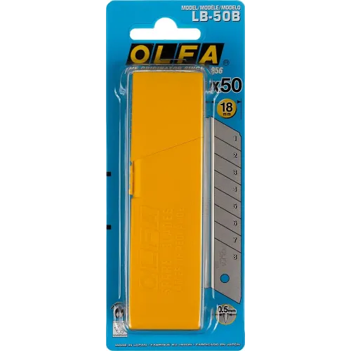 OLFA 18 мм, 50 шт, в пластиковом кейсе + блистер, сегментированные лезвия (OL-LB-50B)