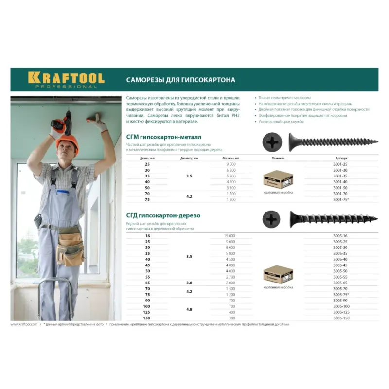 KRAFTOOL СГД, 65 х 3.8 мм, фосфатированное покрытие, 2000 шт (7,32 кг.), саморез гипсокартон-дерево (3005-65)