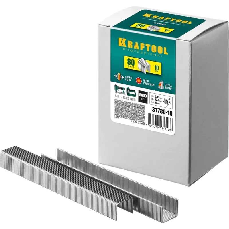 KRAFTOOL скобы тип 80 (BeA/Prebena A/Senco AT), 10 мм, калибр 21GA. 5000 шт (31780-10)