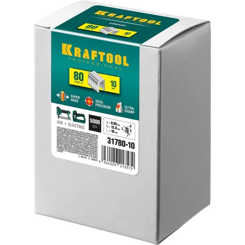KRAFTOOL скобы тип 80 (BeA/Prebena A/Senco AT), 10 мм, калибр 21GA. 5000 шт (31780-10)