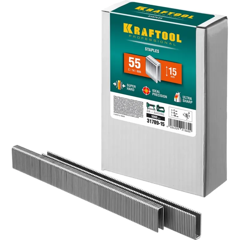 KRAFTOOL скобы тип 55 (90/C), 15 мм, калибр 18GA. 5000 шт (31789-15)