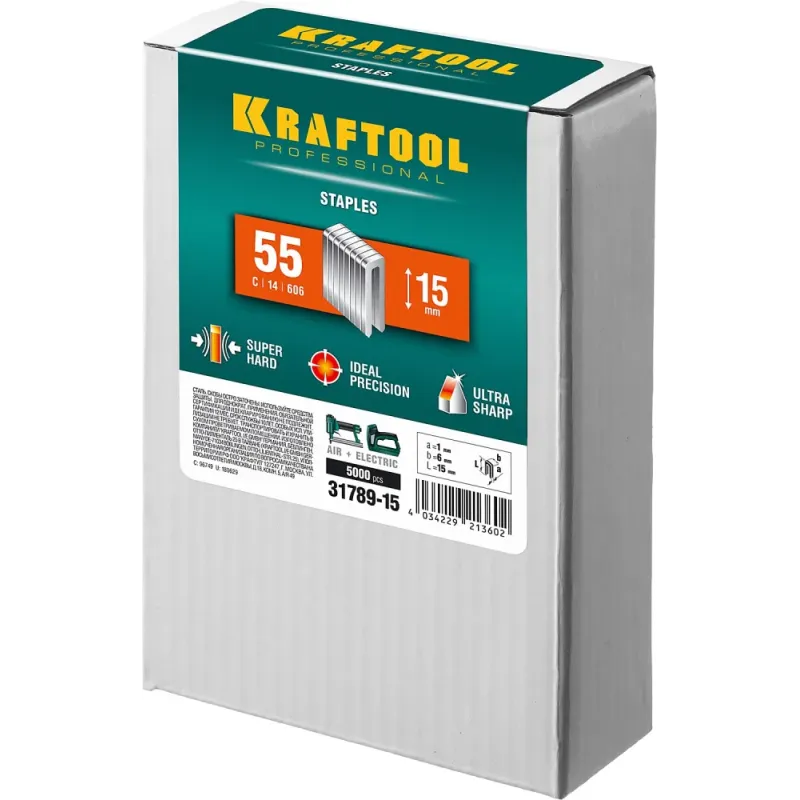 KRAFTOOL скобы тип 55 (90/C), 15 мм, калибр 18GA. 5000 шт (31789-15)