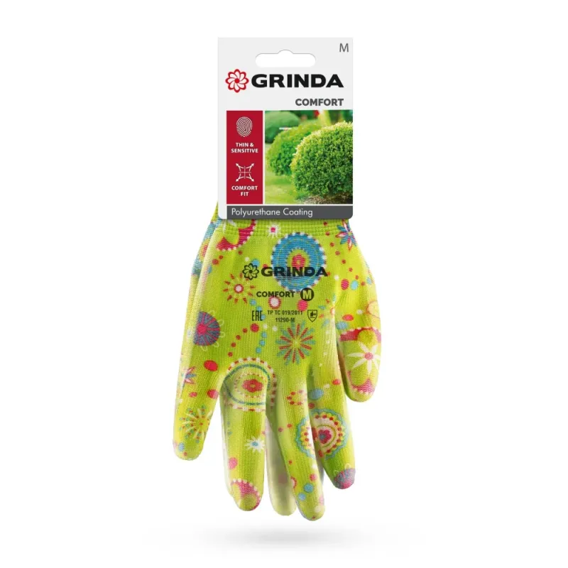 GRINDA COMFORT, M (8), садовые перчатки с прозрачным полиуретановым покрытием, зелёные, 13 класс (11290-M)