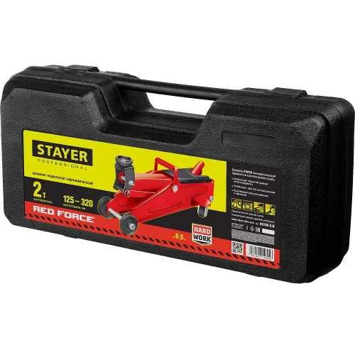 STAYER R-22 RED FORCE, в кейсе, 2 т, 125 - 320 мм, подкатной домкрат для легковых а/м, Professional (43152-2-K)
