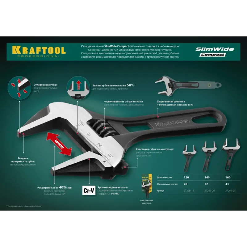 KRAFTOOL SlimWide Compact, 160/44 мм, разводной ключ (27266-25)