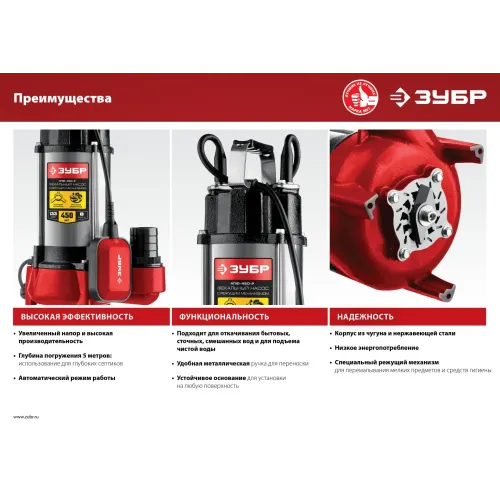 ЗУБР 450 Вт, фекальный насос с режущим механизмом (НПФ-450-Р)