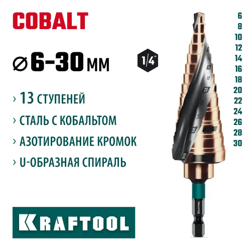 KRAFTOOL COBALT 6-30мм, 13 ступеней, азотирование, винтовая спираль, сверло ступенчатое(29691-6-30-13)